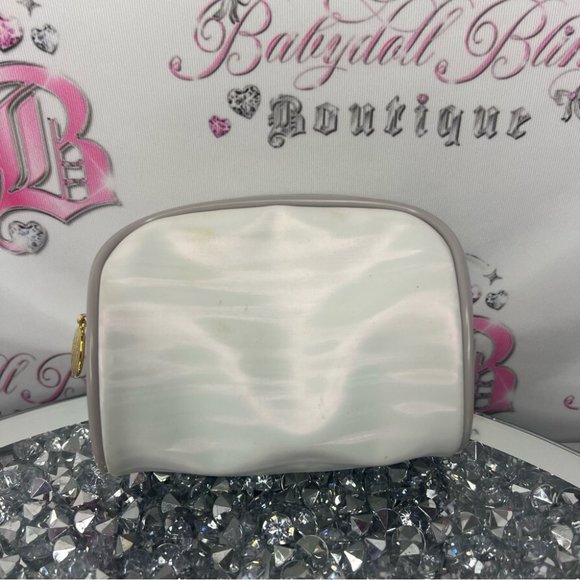 Christian dior makeup bag small white stripe shimmer pattern grey gold hardware - Picture 1 of 9